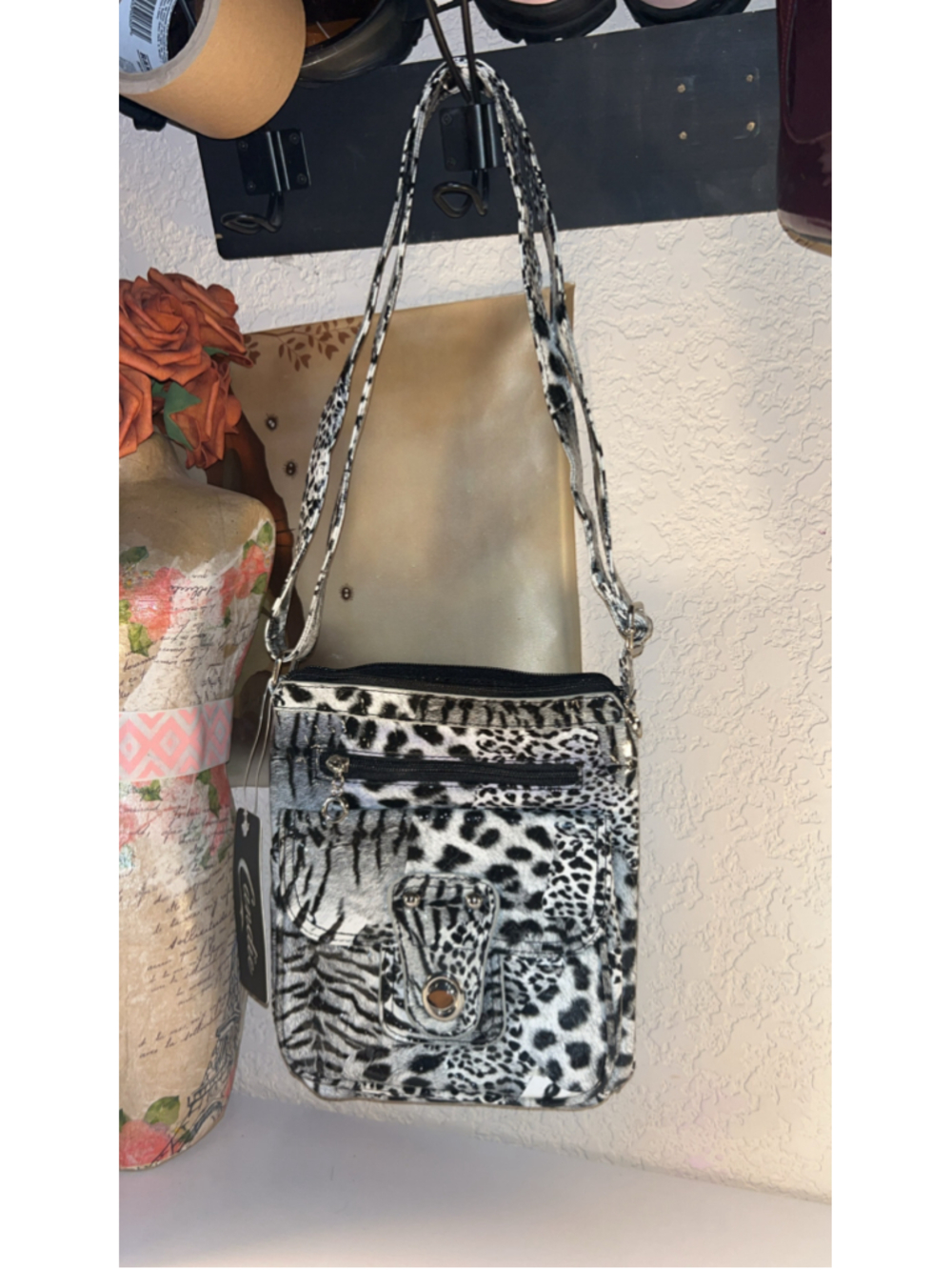 Women's Candie's Crossbody Bag One Size Black White Animal Print